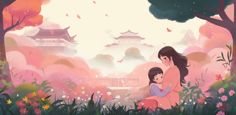 春天插画简约风母亲节亲子孩子花丛手绘背景,插画/手绘图,插画/手绘图库,插画/手绘图下载,插画/手绘